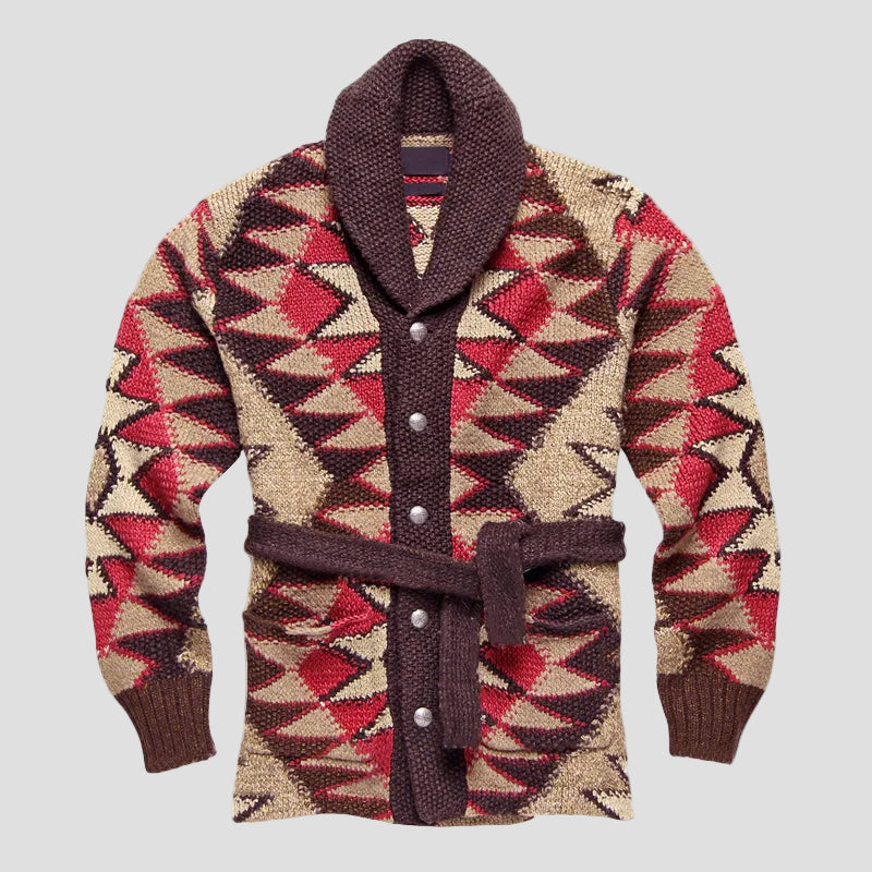 Tobias | Geometrisk Jacquard Strikket Cardigan med Snøre