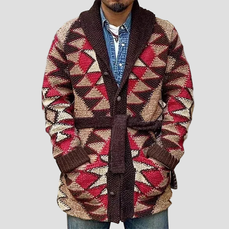 Tobias | Geometrisk Jacquard Strikket Cardigan med Snøre